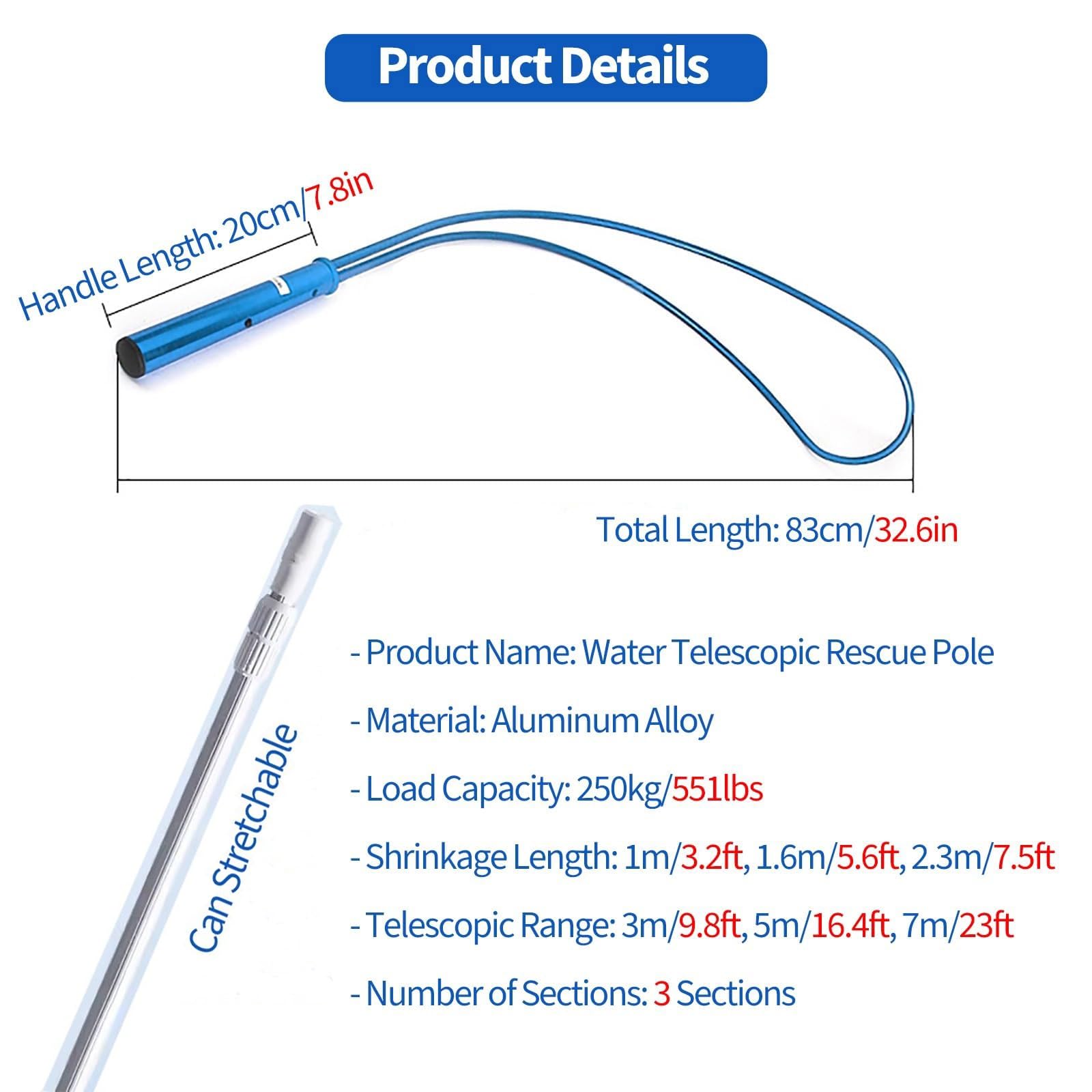 Gancho de Rescate para Piscinas, Poste de Rescate con Gancho for Piscina(Length 5m/16.4ft)