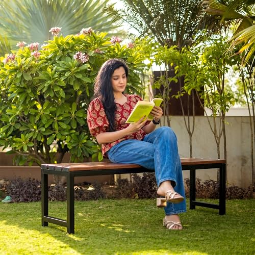 Image of BRISHI 3 Seater Metal Iron FRP Garden Bench for Indoor & Outdoor Park /Patio /Living Room /Terrace /Balcony /Office (Black + Wooden Texture)