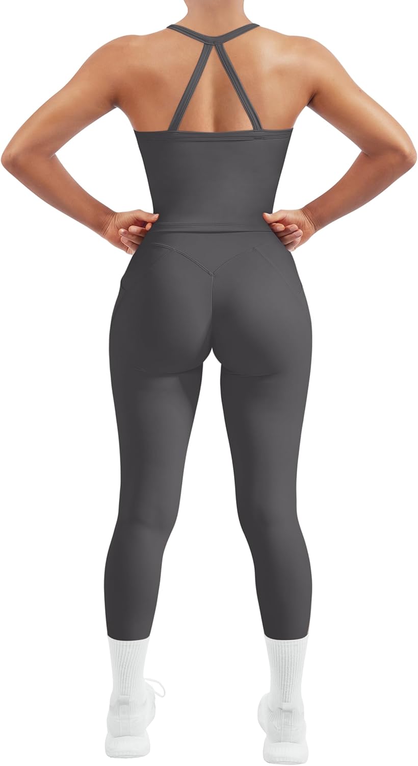 SUUKSESS Women 2 Piece Workout Sets Compression Tummy Control Leggings with Pockets Halter Built in Bra Tank Tops