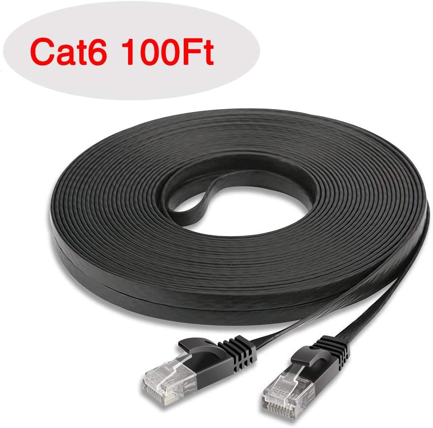 Cat 6 Ethernet Cable 100 FT Flat 32AWG High Speed 250MHz Patch Cable with Snagless RJ45 Connectors Black (100FT)