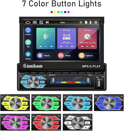 Miniatura 9 de Estéreo de coche de un solo DIN de 7 pulgadas con pantalla táctil abatible eléctrica para coche Soporte BluetoothEspejo LinkUSBAUX entradaTFFM