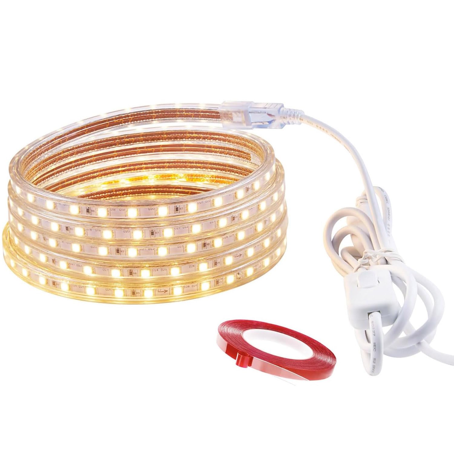 LED Streifen 10m, IP65 Wasserdicht LED Strip mit Schalter 220V 230V LED Lichtstreifen LED Leuchtband, Warmweiss, 10M