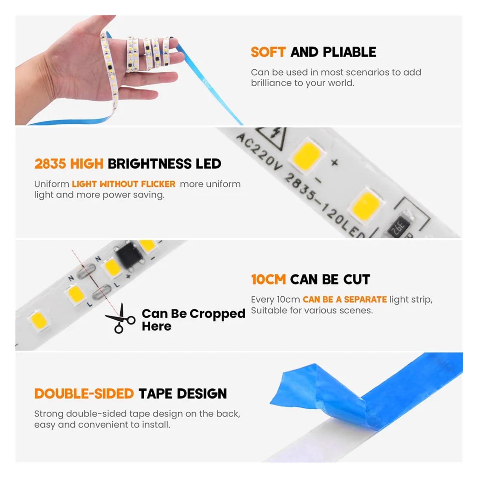 Ozscbuioy 5M 10M 20M 50M AC220V 230V 2835 Striscia LED IP55 Impermeabile 120/240LED/M Nastro adesivo flessibile 9 colori Illuminazione domestica(Natural white,240LED_10M)