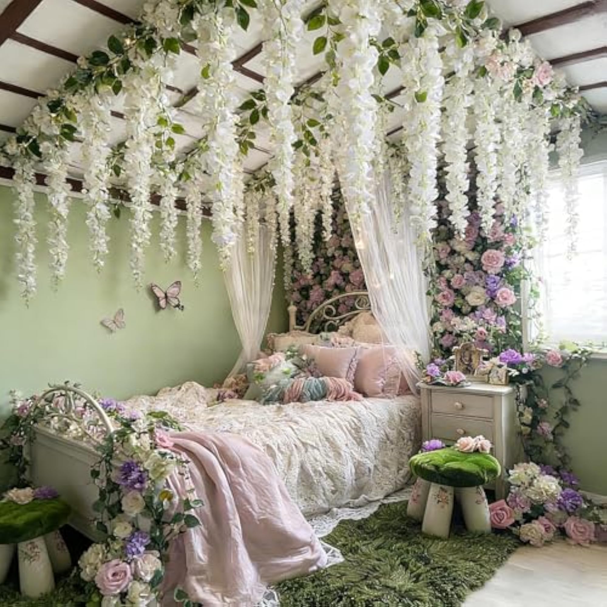 12pcs Artificial Wisteria Silk Hanging Flowers, White