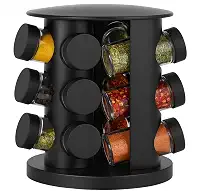 Organizador de Temperos Giratório com 9 Potes de Vidro – Armazenamento Prático e Elegante para Cozinha Moderna, Cor Preta com Tampa Dosadora