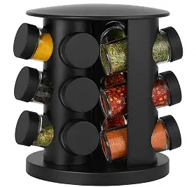 Organizador de Temperos Giratório com 9 Potes de Vidro – Armazenamento Prático e Elegante para Cozinha Moderna, Cor Preta com Tampa Dosadora