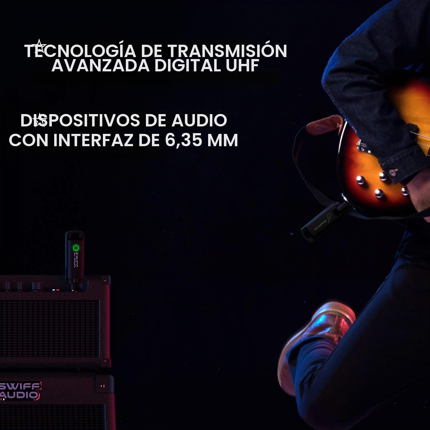 Sistema Inalámbrico de Guitarra, SWIFF Transmisor Inalámbrico de Guitarra Receptor de Baja Latencia Recargable Sistema Inalámbrico de Audio Digital para Guitarra Soporta Múltiples Canales