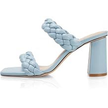 GENSHUO Womens Braided Heeled Sandals, Square Open Toe Mule Sandals, 3 Inch Chunky Block Heels, Two Strap Slip-On Dressy Shoes for Summer Wedding Party