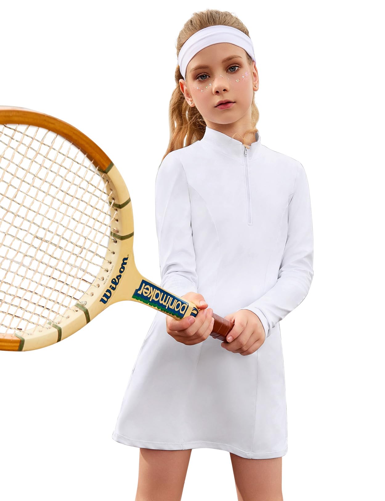 Perfashion Girls Tennis Dress 1/4 Zip Golf Outfit Built-in Bra & Shorts Pickleball Athletic Dress Workout Pockets 4-13Y