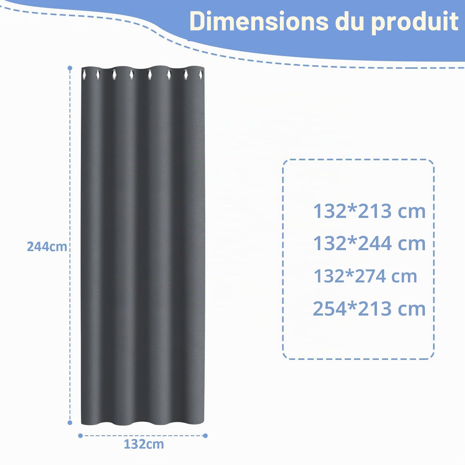 Lot de 2 rideaux d'extérieur 132 x 244 cm (l x H), opaques, imperméables, résistants aux intempéries, avec œillets, brise-vue et protection solaire, pour balcon, jardin, terrasse, tonnelle,