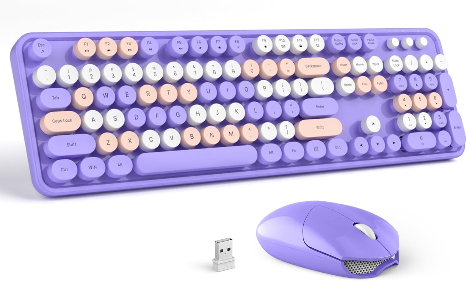 Wireless Keyboard Mouse Combo - GEEZER Deep Purple Full-Sized Colorful Keyboard 104 Keys - USB 2.4 G Receiver Plug Play with Round Keycap Typewriter Keyboards, for Windows, PC, Laptop, Desktop