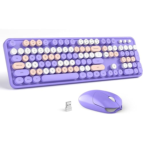 Wireless Keyboard Mouse Combo - GEEZER Deep Purple Full-Sized Colorful Keyboard 104 Keys - USB 2.4 G Receiver Plug Play with Round Keycap Typewriter Keyboards, for Windows, PC, Laptop, Desktop