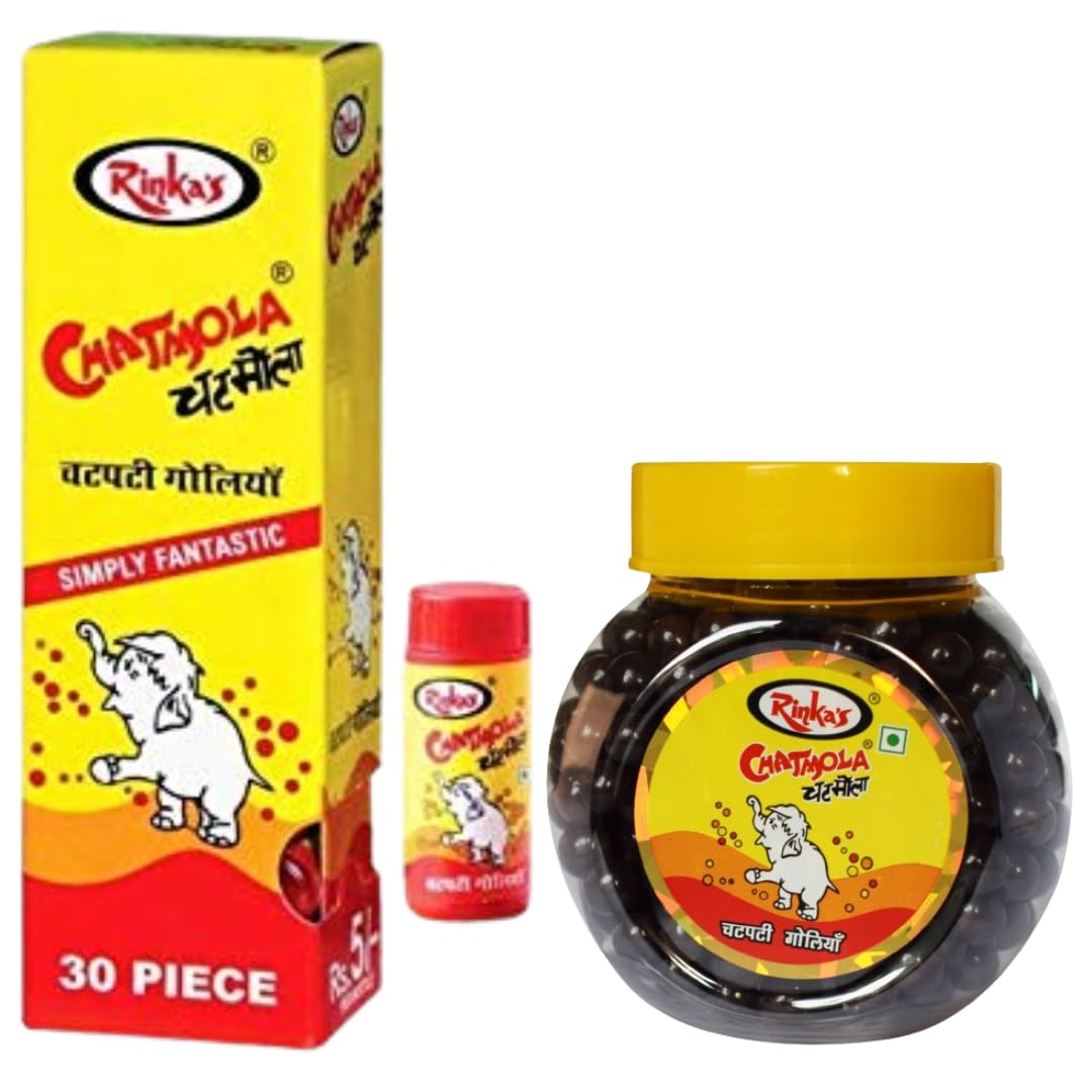 Rinka’s Chatmola Box - 30 Bottles and Retail Jar Chatmola Candy - 200 g - Combo Pack | Chatmola Goli | Chatpati Goliyan | Chatpati Pills | Candy Box | 90’s Kids |