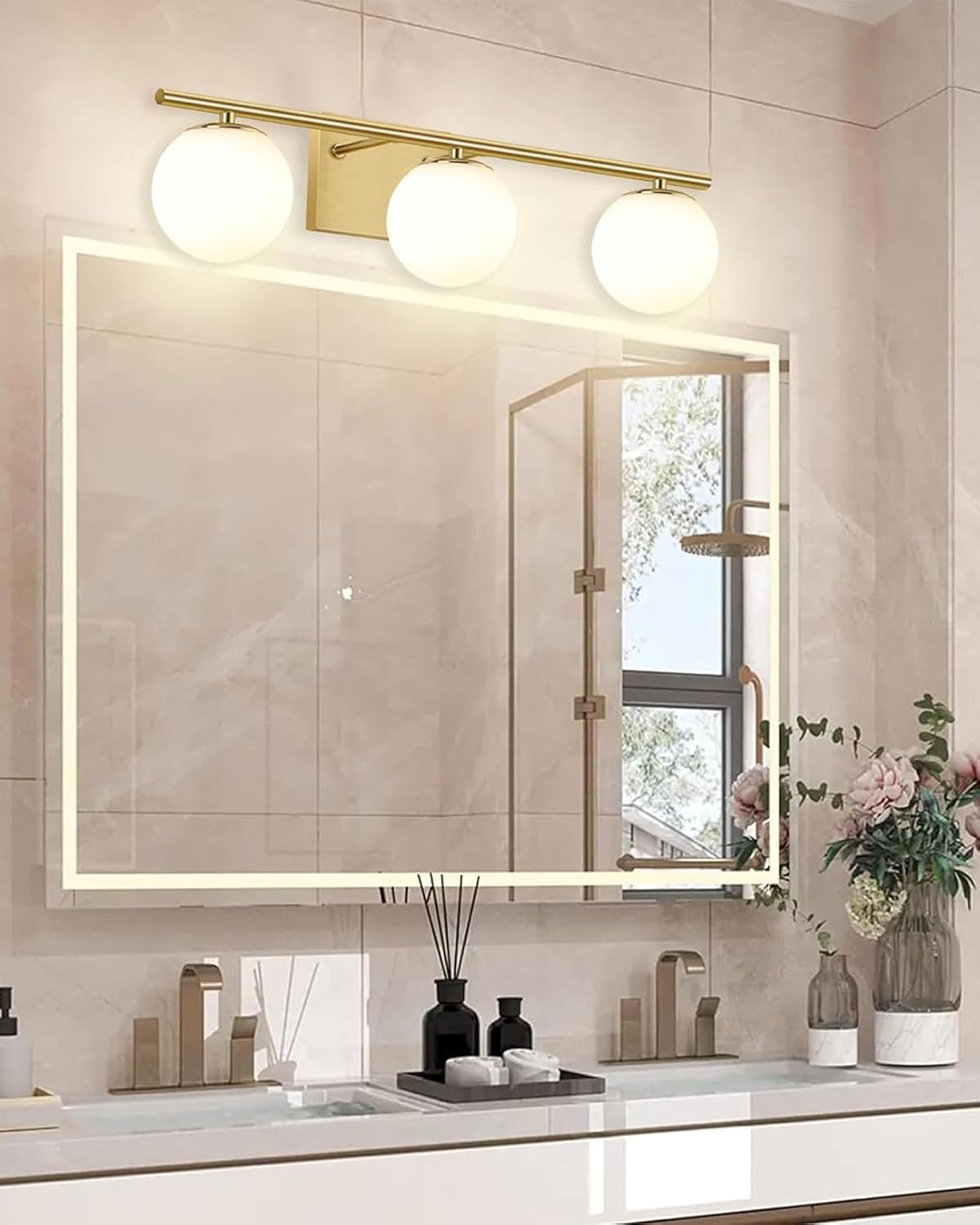 Brushed Brass Bathroom Vanity Light fixtures,24‘’ 3 Lights Modern Globe Glass Shade Wall Sconce for Over Mirror, Damp Rated