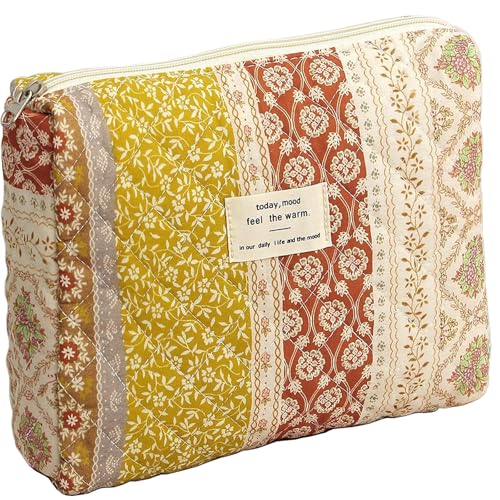 AMULOKRU Quilted Makeup Bag Large Cosmetic Bags for Women Girls,Floral Coquette Aesthetic Travel Toiletry Bag,Patchwork Make Up Organizer Pouch Bag