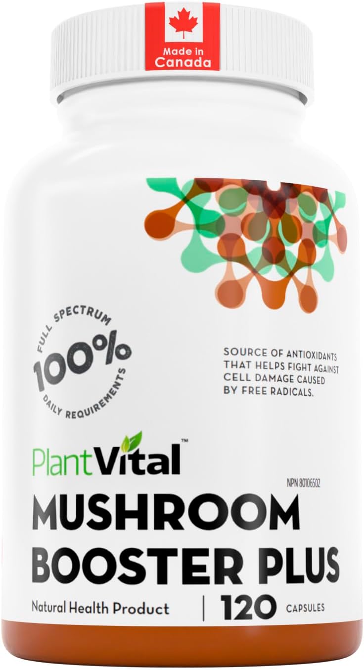 PlantVital Mushroom Booster Plus – Made in Canada – Mushroom Complex with Lions Mane, Reishi, Chaga, Turkey Tail & Cordyceps – Source of Antioxidants & Herbal Medicine Formula – 120 Capsules