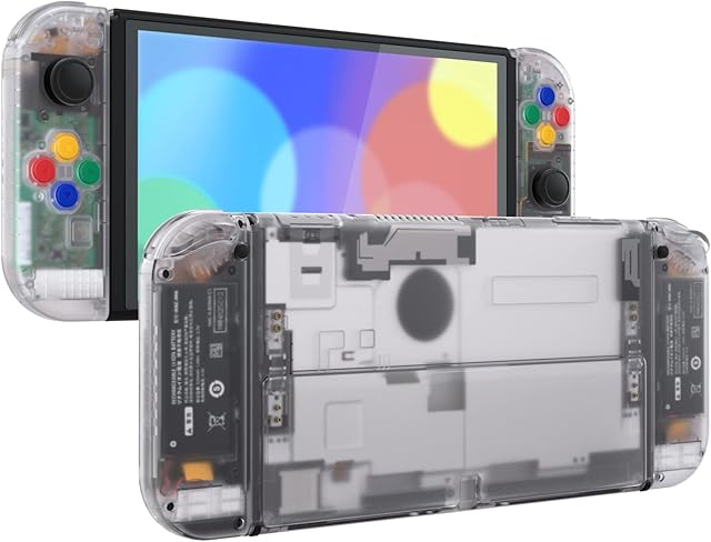 eXtremeRate Clear Custom Full Set Shell for Nintendo Switch OLED, DIY Replacement Console Back Plate & Kickstand, NS Joycon Handheld Controller Housing with Colorful Buttons for Nintendo Switch OLED