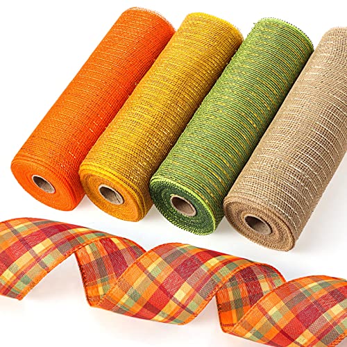 Chunyin 5 Rolls 50 Yards Thanksgiving Mesh Ribbon Burlap Wired Orange Poly Burlap Mesh Fall Decor for Thanksgiving Wreaths, Bows, DIY, Swags and Fall Decoration