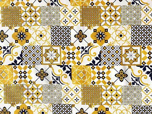 Italian Home Textile Company Tessuto Motivo Maioliche VAR. Gialla e Blu | Prodotto Made in Italy | 100% Puro Cotone | Altezza 180 cm | Il Tessuto è in Vendita al Metro