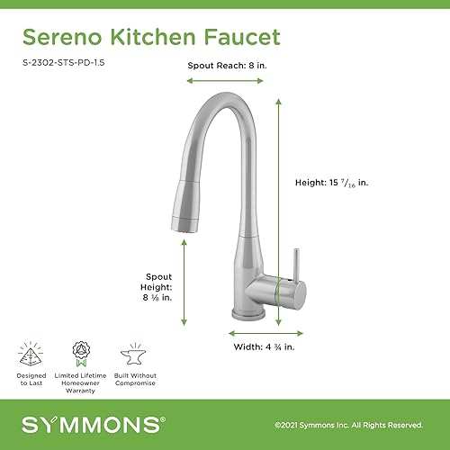 Miniatura 9 de Symmons S-2302-MB-PD-1.5 Sereno - Grifo de cocina extraíble de un solo mango en negro mate (1.5 GPM)