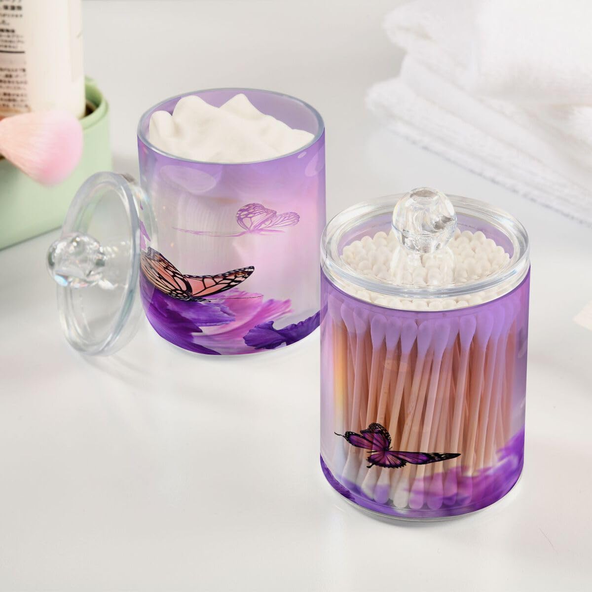 Violetter Schmetterlings-Qtip-Halter, 400 ml, Apothekergläser, Badezimmer-Organizer, Behälter für Qtips, Wattestäbchen, Wattebälle, Kosmetik-Pads, Flossers, Badesalz, 2 Stück