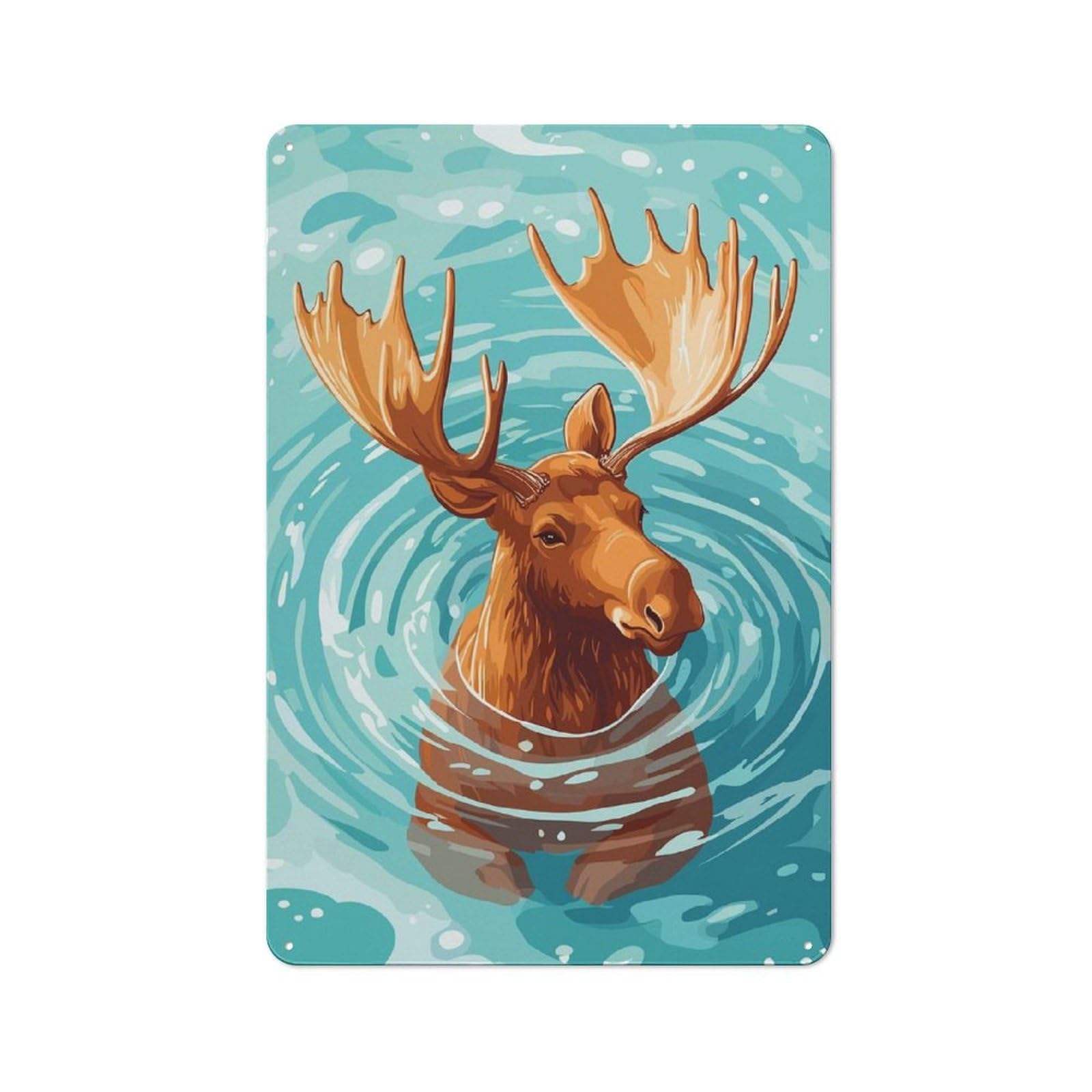Smart Moose Swimming in Water Illustration Office Metal Sign 30x20cm, Creative Space Decor for Home Office, Reading Corner Or Bedroom
