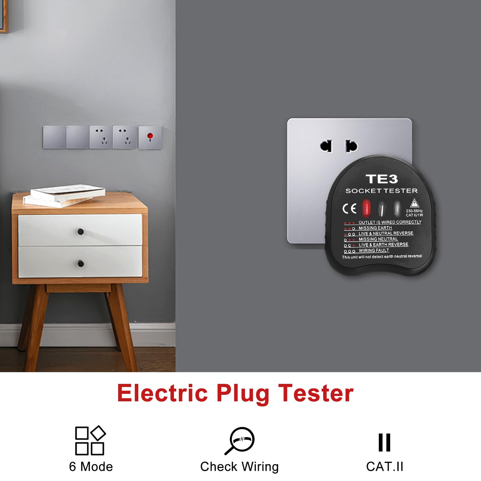 Socket Tester UK, Electrical Tester, 250V Rcd Plug Sockets, Circuit Meter with 3 Neon Indicators, Automatic Voltage Testers - Image 2