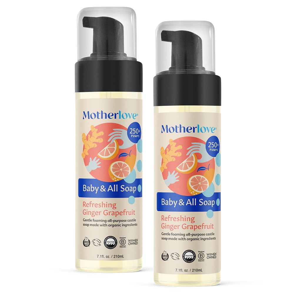 MotherloveBaby & All Soap (2 pack, 7.1 oz) Gentle Foaming All-Purpose Castile Soap Made with Organic Ingredients – Refreshing Ginger Grapefruit