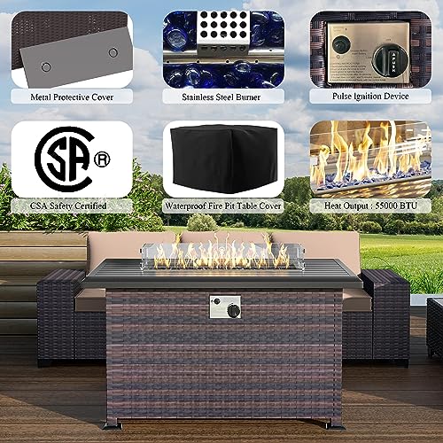 Image of 13 PCS Outdoor Patio Furniture Set,Outdoor Sectional Furniture with 43 inch 55000 BTU Gas Propane Fire Pit Table,All Weather PE Rattan Wicker Patio Conversation Set,Sand