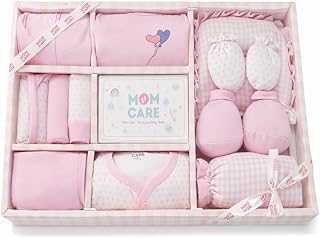 MOM CARE Newborn Baby Gift Set (11 Pieces) | 100% Cotton Baby Clothing Set | 0–3 Months | Baby Shower & Welcome Gift Box Light Pink