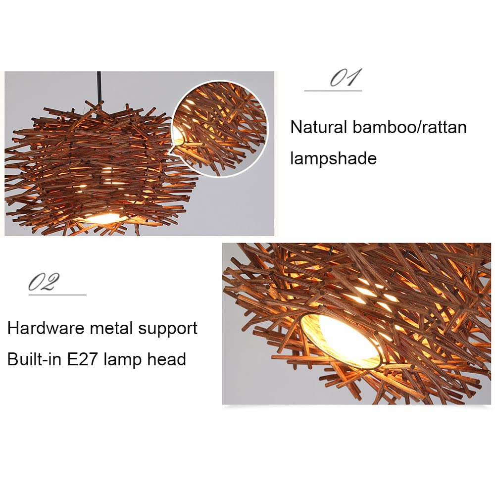 Lámpara colgante de ratán bohemio, lámpara colgante, lámpara de techo con cesta de ratán japonesa retro, iluminación colgante de 1 luz, lámpara decorativa de nido de pájaro de mimbre para rest