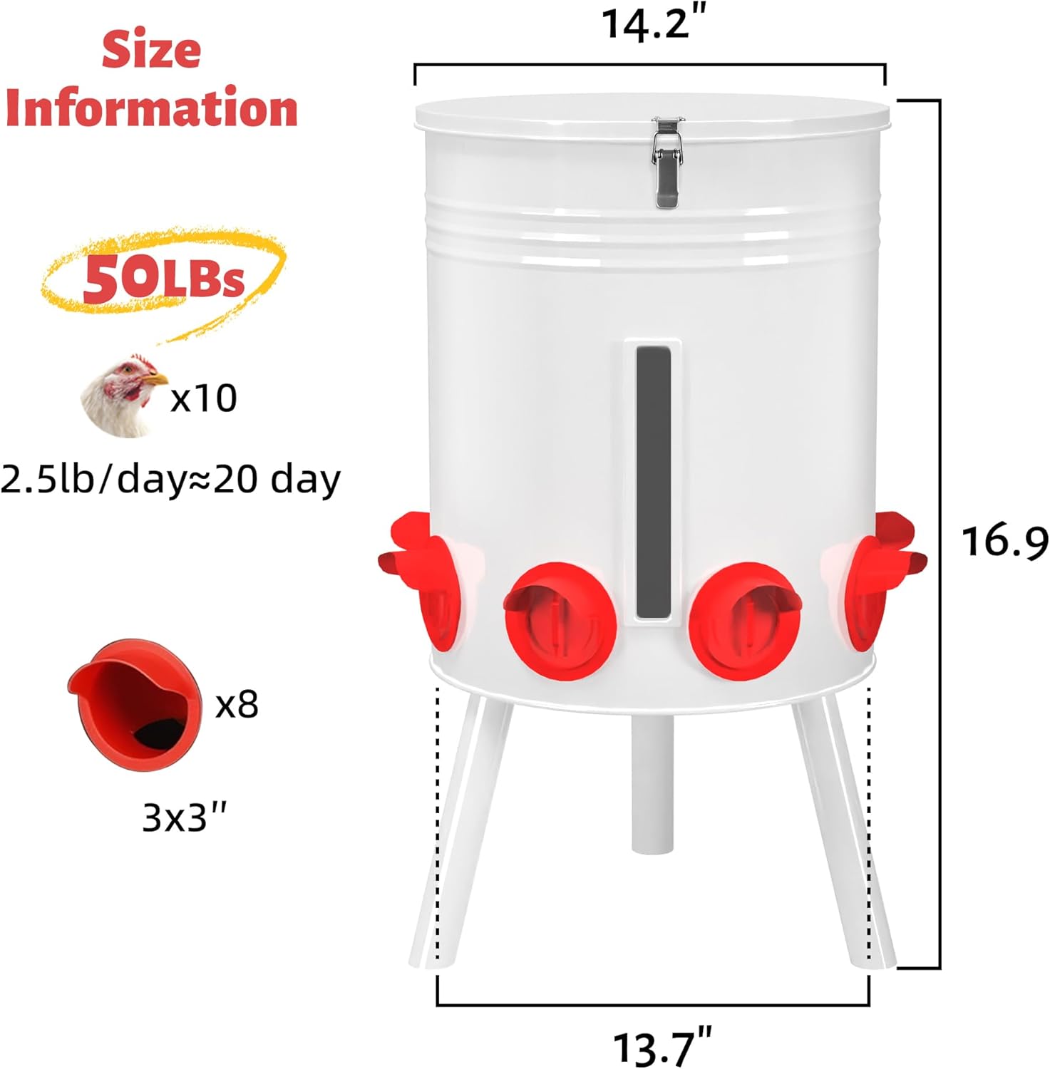 KOL 50 LB Large Free Standing Chicken Feeder, Portable Gravity Chicken Feeder Automatic, Dispenser, 8 Feeding Ports Poultry Feeder for Chicken Rooster & Hen (Jade White)