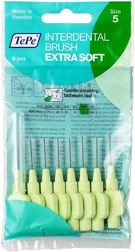 TePe Cepillo interdental extra suave, cepillo dental súper suave para limpieza de dientes, paquete de 8, 0.031 in, grandes huecos, verde, tamaño 5