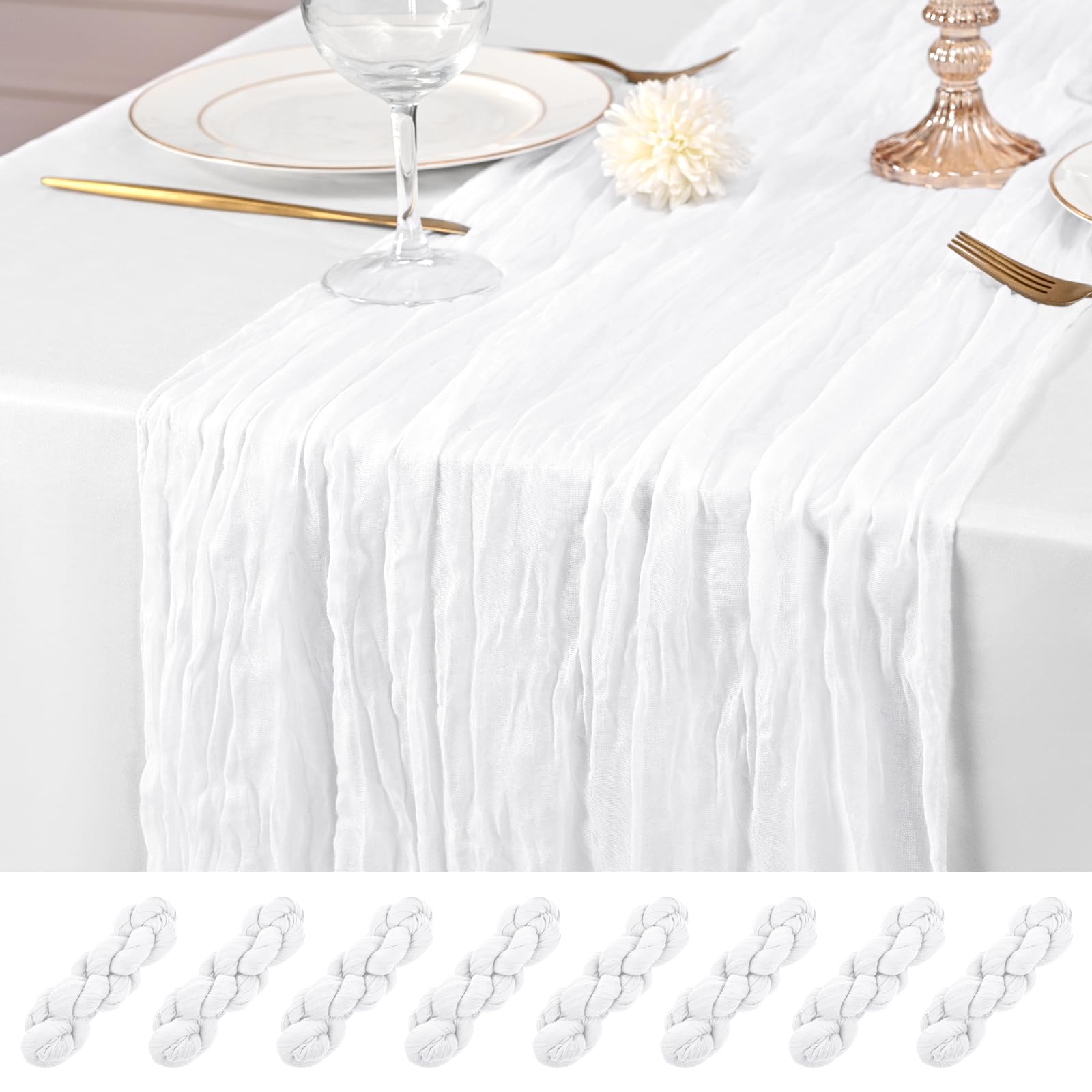 8 Pcs White Cheesecloth Table Runner, 21x120 inch White Table Runner Rustic Gauze Romantic Long Sheer Fabric 10Ft Cheese Cloth Table Runners for Wedding Party Bridal Baby Shower — image 1