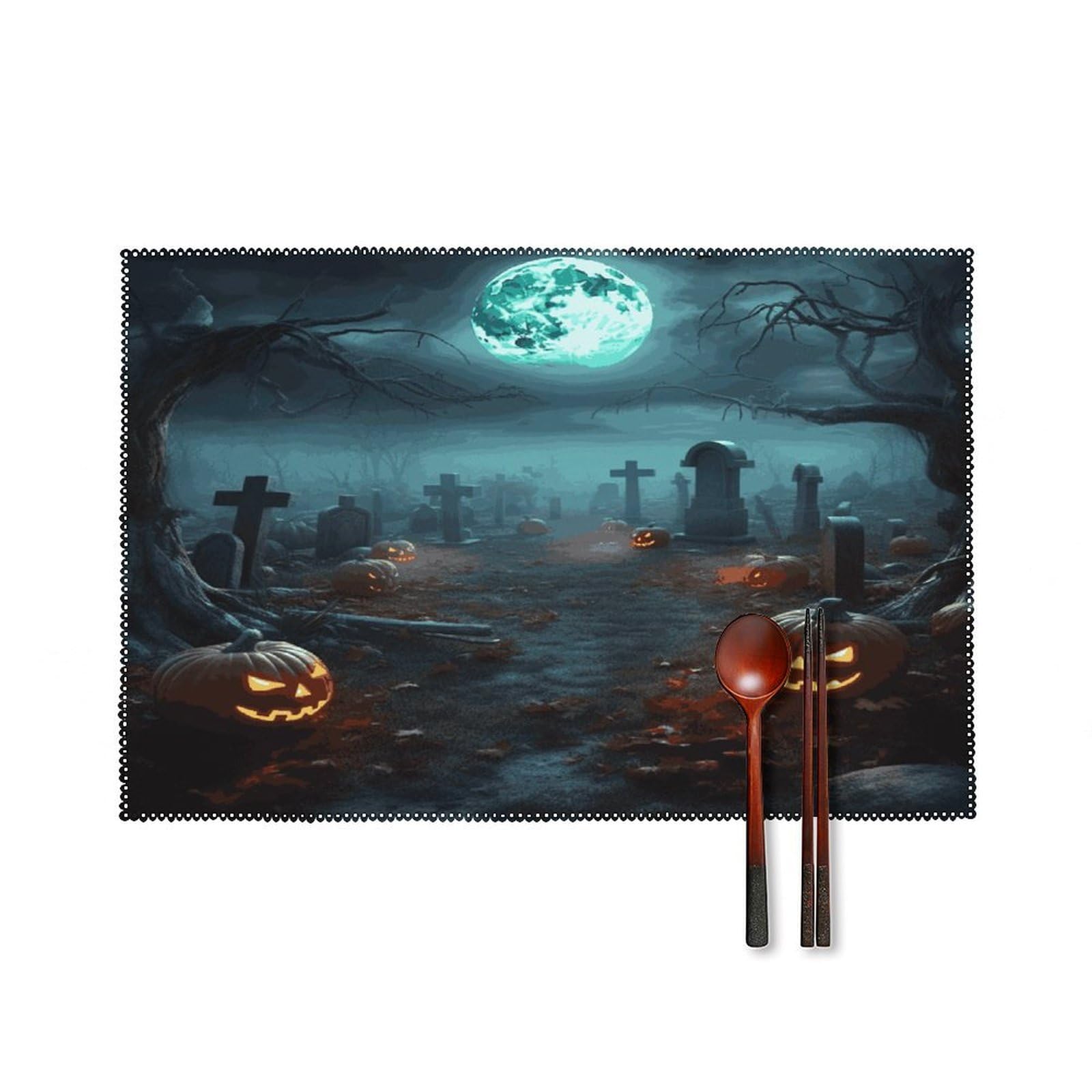 Btcowzrv Style Horror Pumpkin Cemeteryhorror Pumpkin Cemetery Canvas Placemats Set Of 6, Wipeable Washable Place Mats For Indoor & Outdoor, Table Mat Decor For Kitchen Dining Party