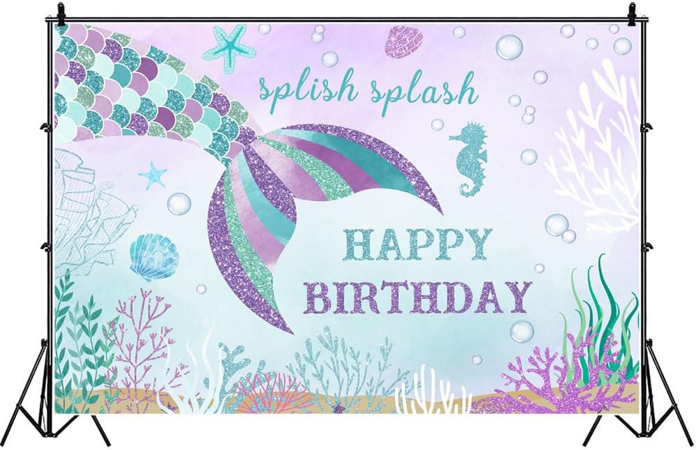 Lofaris 6x4ft Mermaid Happy Birthday Backdrop Fish Tail Theme Background for Kids Girl Under The Sea Splish Splash Oneder The Sea 1st Bday Photography Party Decoration Purple Banner Supplies image 2