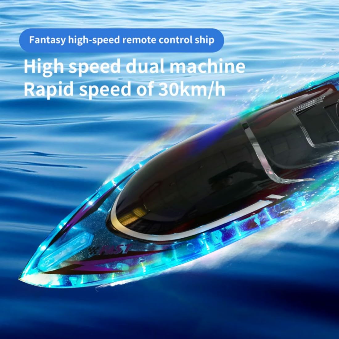 NULA Barca radiocomandata ad alta velocità per piscina, lago, fiume e laghetto, 2,4 GHz, barca ad acqua da corsa proporzionale, doppio motore con luce LED, per adulti, hobbisti, blu