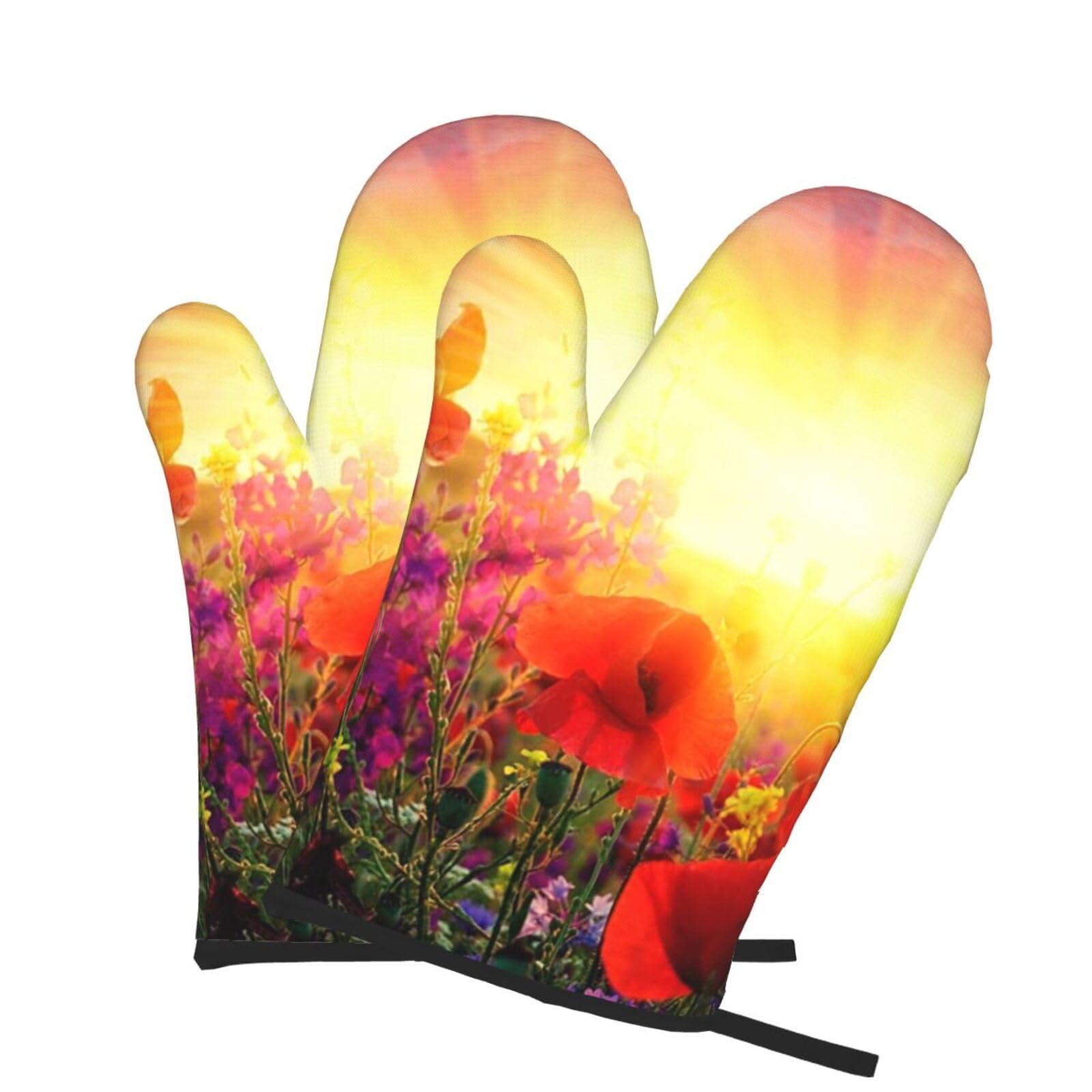 Oven Mitts Set of 2 Pcs, Sunrise Red Flowers Prints Heat Resistant Kitchen Gloves for Cooking Baking Grilling