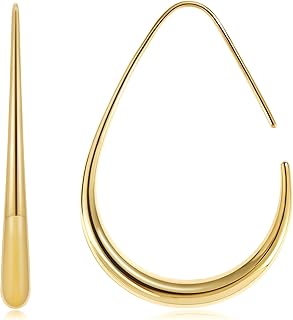 SHOWDAY Lightweight Teardrop Hoop Earrings for Women - 14k Gold/White Gold Plated Large Oval Pull Through Hoop Earrings High Polished Statement Jewelry Gift for Women Teen Girls