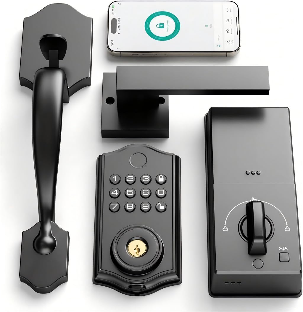 Front Door Lock Set, Leecici Keyless Entry Locks with Handle, Smart Fingerprint Locks for Front Door, Smart Deadbolt Bluetooth Electronic Digital Keypad Lock, APP, Auto Lock, Code, Easy to Install