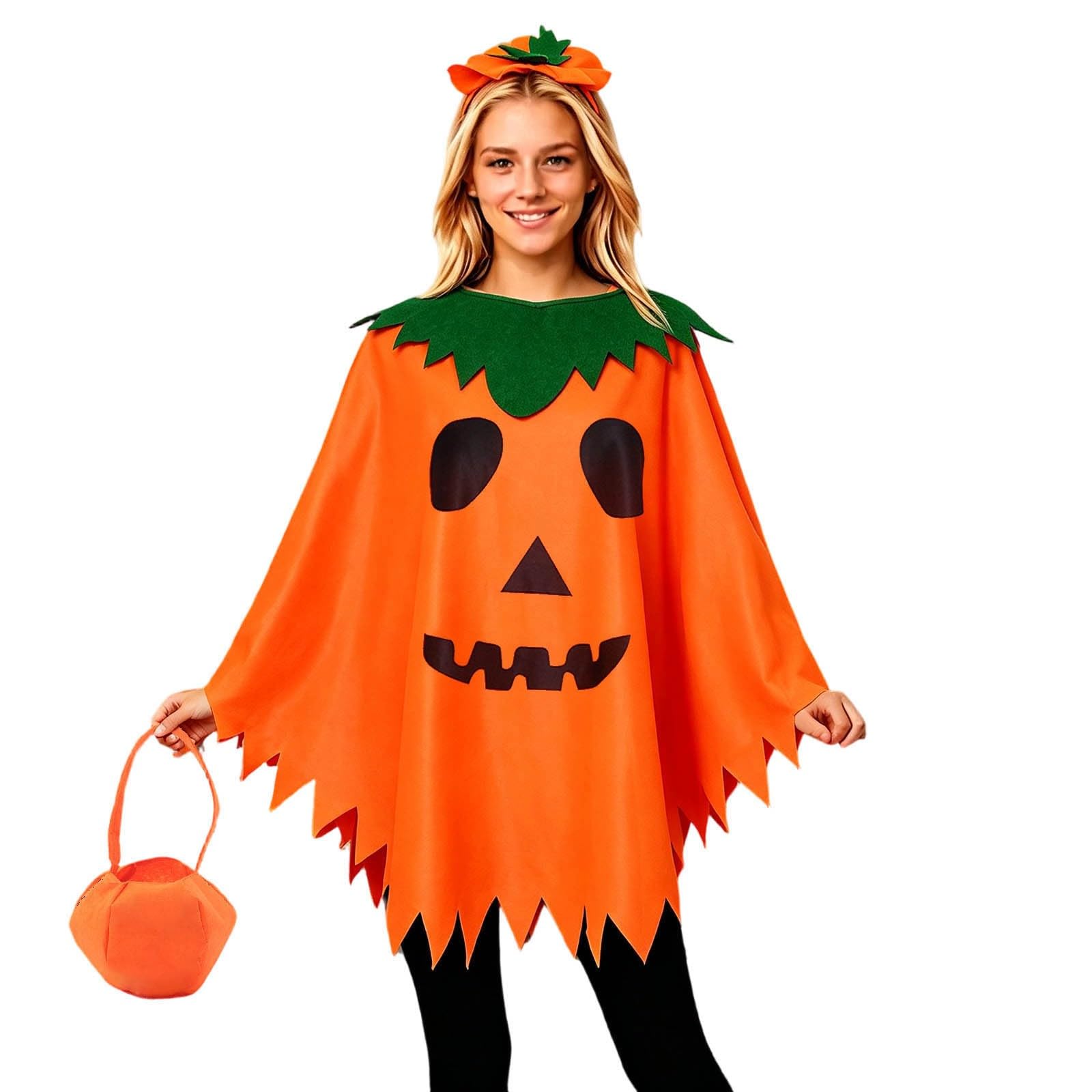 Halloween Costumes for Women Adult, 3 Pcs Pumpkin Costume Womens, Pumpkin Cape Poncho, Headband and Candy Bag, Ladies Fancy Dress Up Outfit Set, Scary Outfits, Cosplay Accessaries