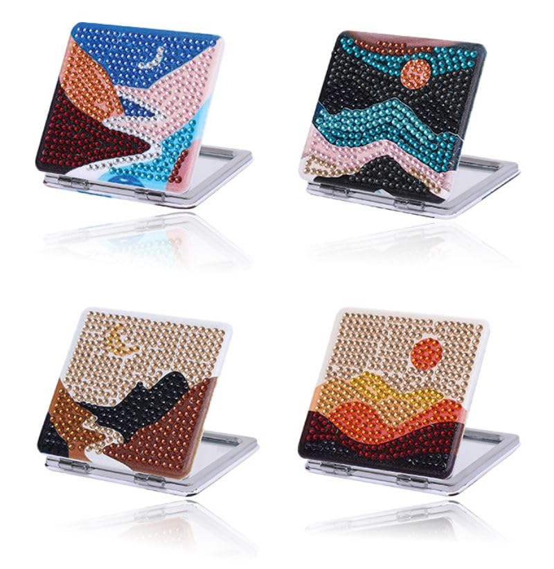 4 Pack Diamond Painting Hills,Sun View Full Round Drill Compact Mirror Mini Make-up Square Mirror Portable Folding Double-Sided 1X/10X Magnification, Pocket Ultra Portable for Purses and Travel