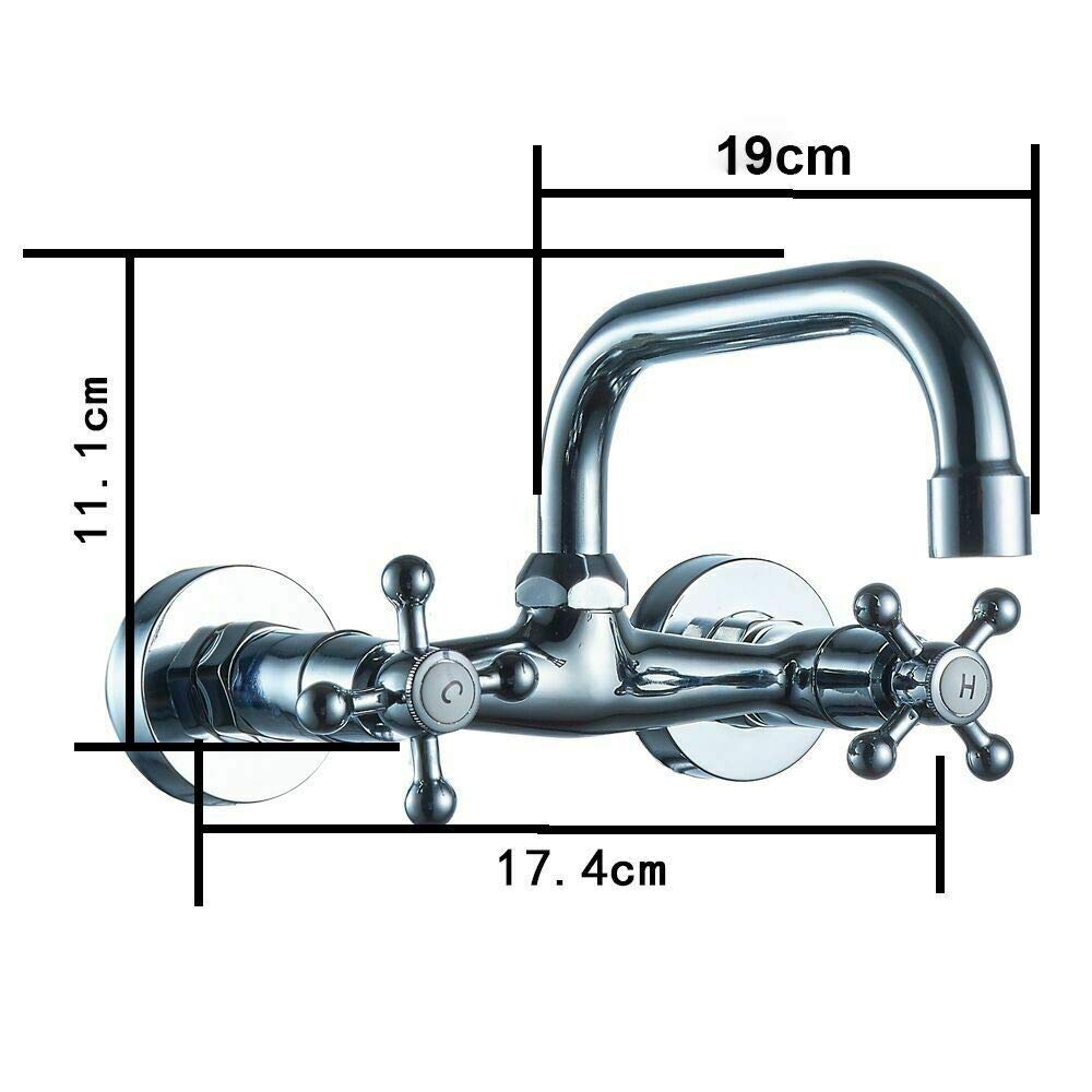 Grifo de pared de latón de dos manijas, grifo de pared, grifo nostálgico, de dos manijas, retro, para lavabo, instalaciones de baño, plata