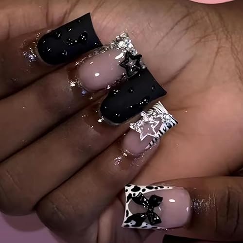 French Tip Press on Nails Duck Fake Nails with Rhinestones