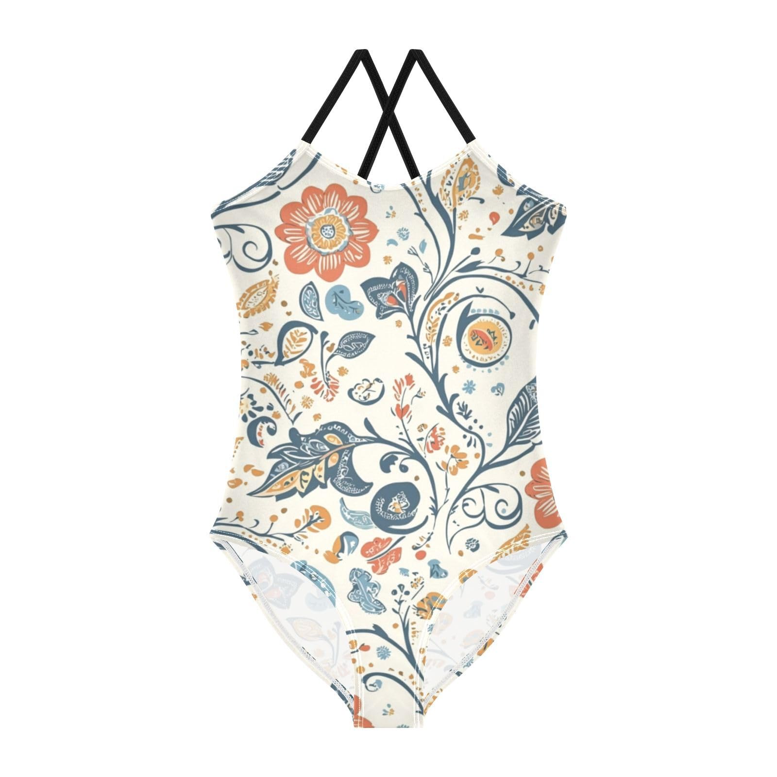 Vintage Floral Paisley Pattern Girls Swimsuit One Piece Bathing Suit for Baby Girls' Swimwear 5-6T Multicolor