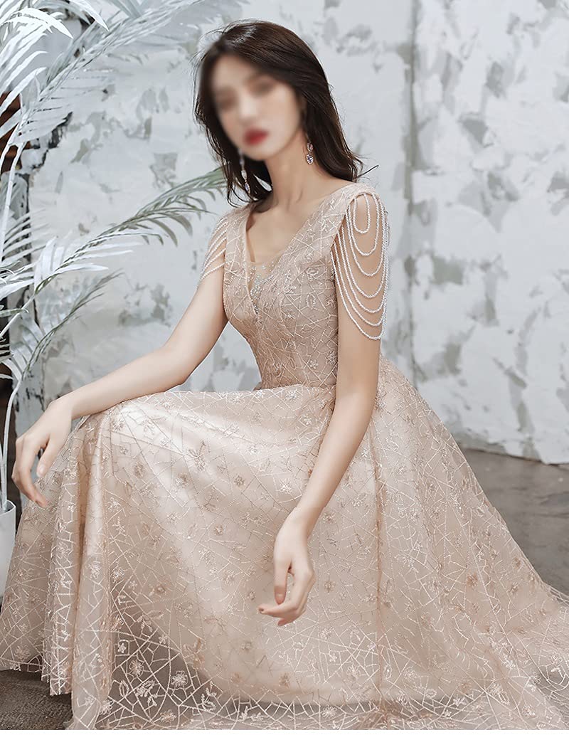 Amazon.co.jp: ビーズ付きシャンパンレースイブニングドレスエレガント