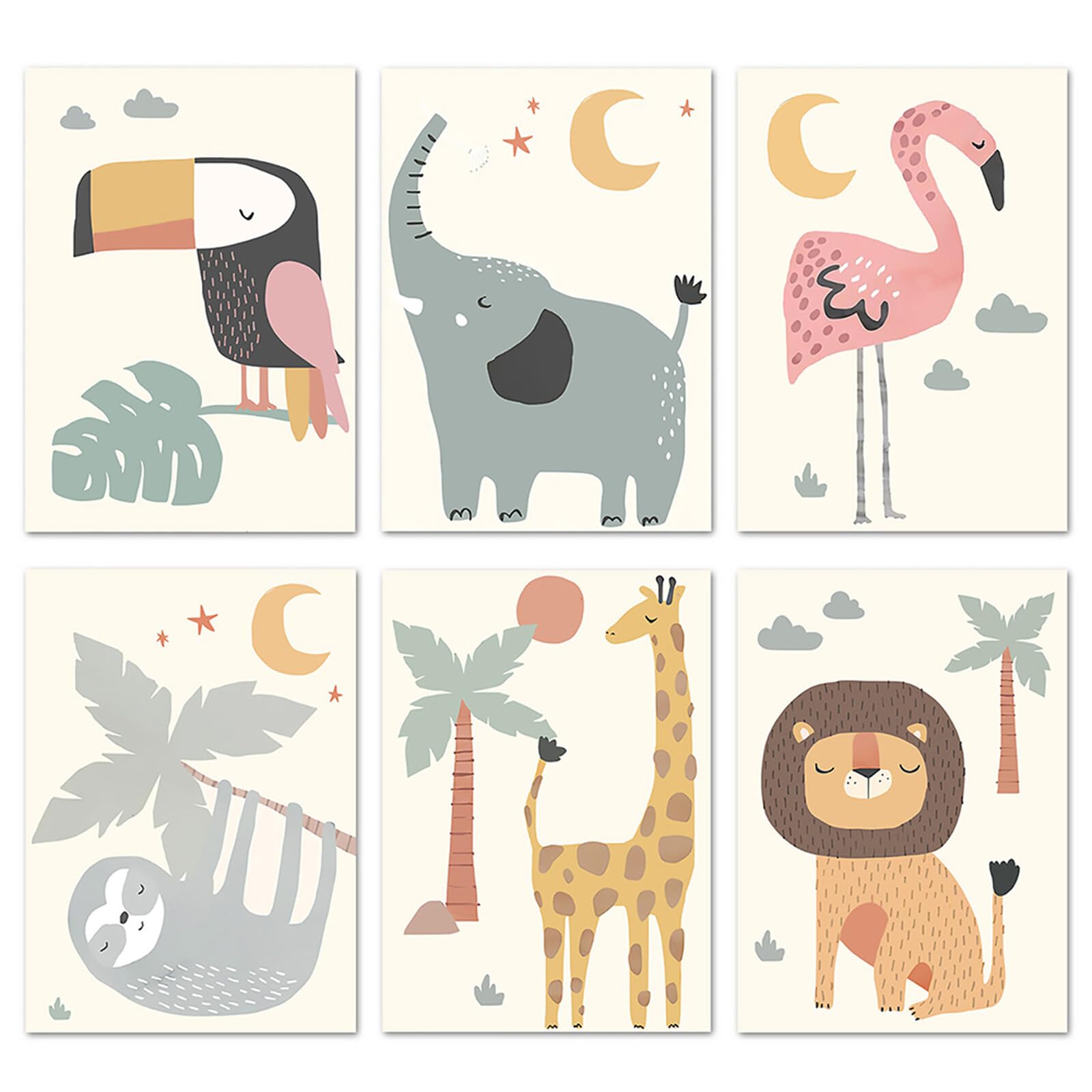 Hwtcjx Set de 6 Laminas Infantiles Sin Marco, imágenes para habitación de bebé, Póster para habitación Infantil, Decoración de Habitaciones de bebé, diseño de Animales de la Jungla - 20 x 30 cm (B)