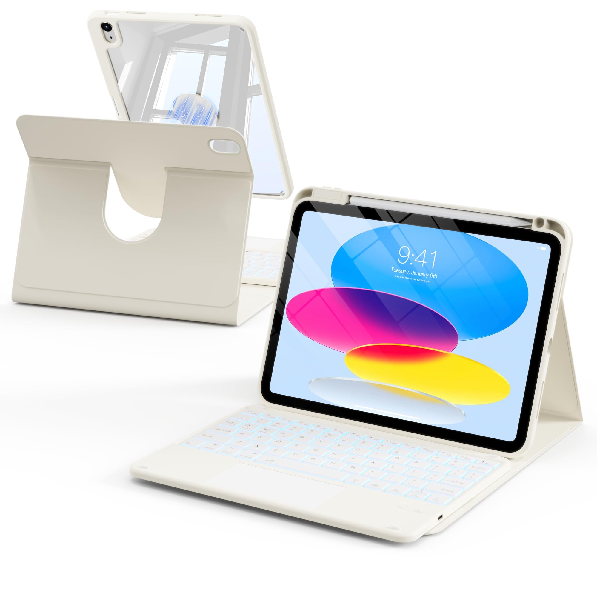 Funda con teclado para iPad A16 11/10 generación con panel táctil | Funda giratoria de 360° con teclado para iPad de 11 pulgadas/11.9 pulgadas, teclado inalámbrico desmontable retroiluminado de