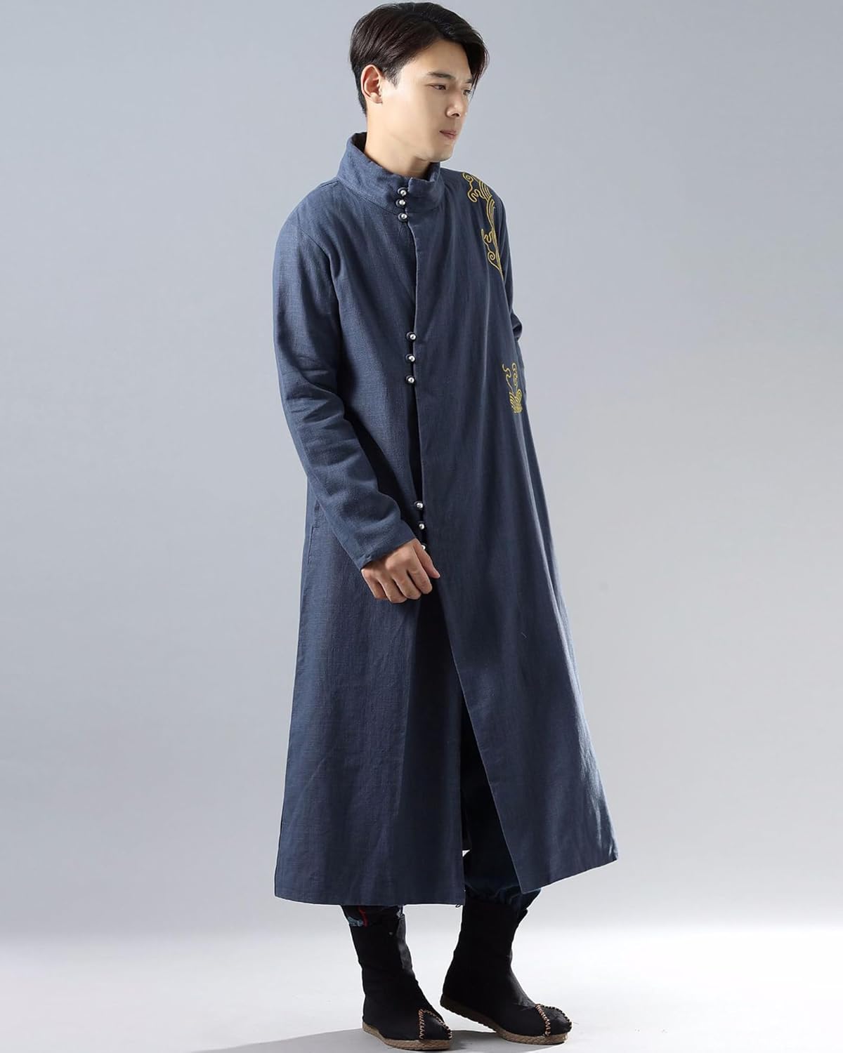 LZJN Men's Autumn Winter Long Jacket Linen Shu Velveteen Warm Coat Traditional Chinese