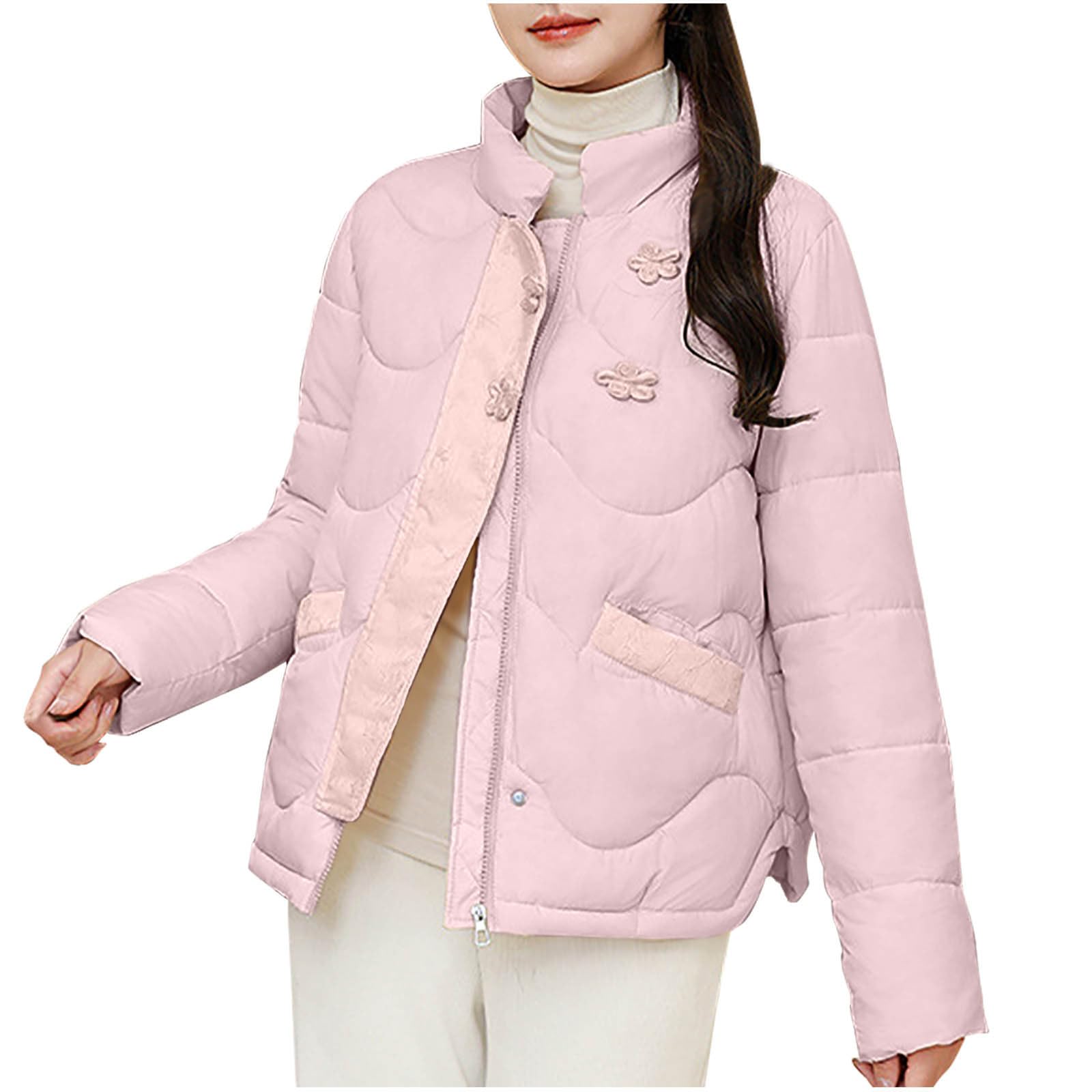 Chaquetas acolchadas para mujer con bolsillos, chaquetas acolchadas para mujer, abrigo de plumón vintage, cuello alto, acolchado, con cremallera, para invierno, cálido, con nudo y botones